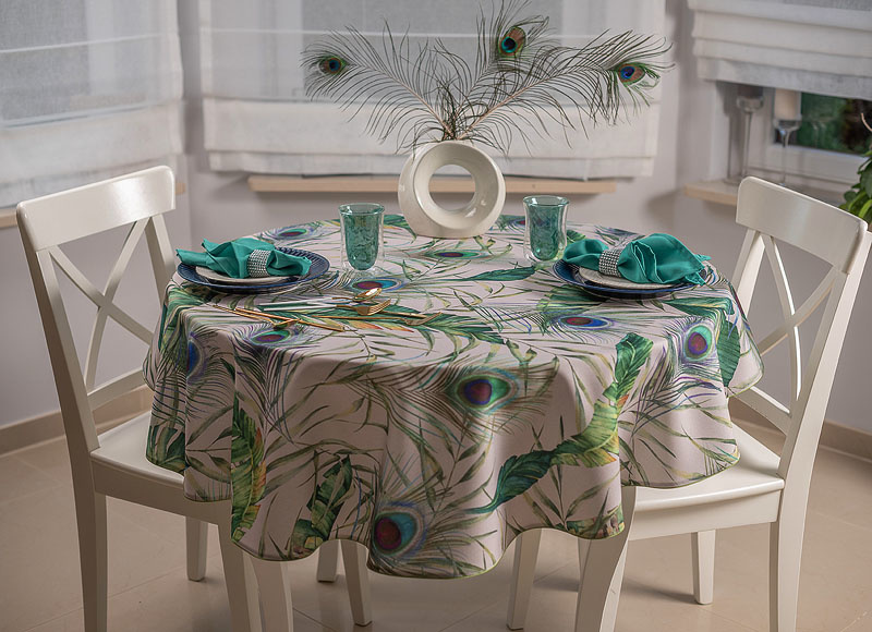 W_Obrus koło 140 Flowers Pawie Oczka Wypustka Zielona