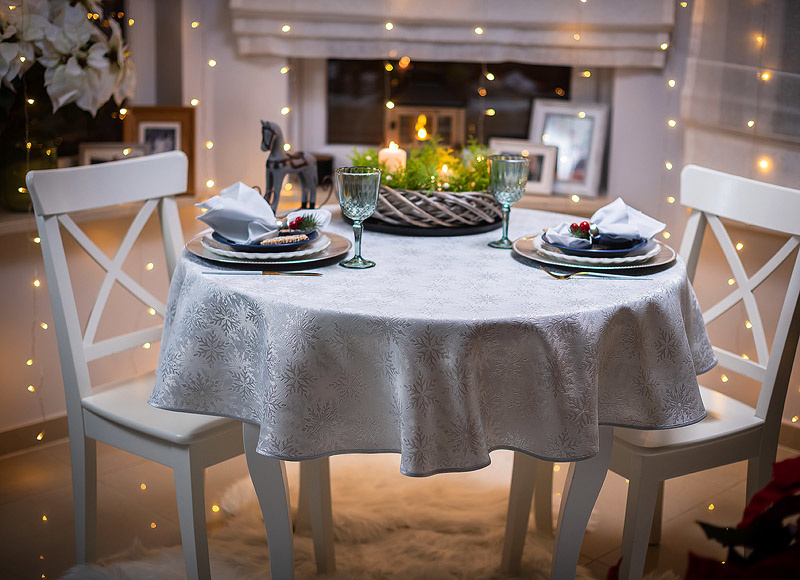 24h_Obrus koło 150 Świąteczny Snowflake Srebrny Lamówka Brokat