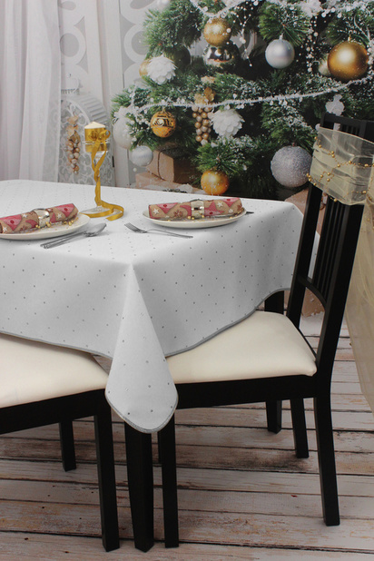24h_Obrus 150x240 owal, Świąteczny Srebrna Kropka Lamówka,