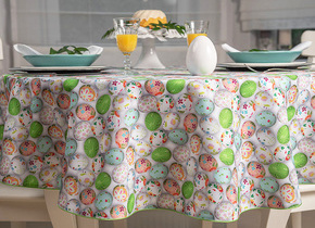 W_Obrus koło 140 Wesołe Jajeczka Szaro-Zielony Wypustka Zielona 